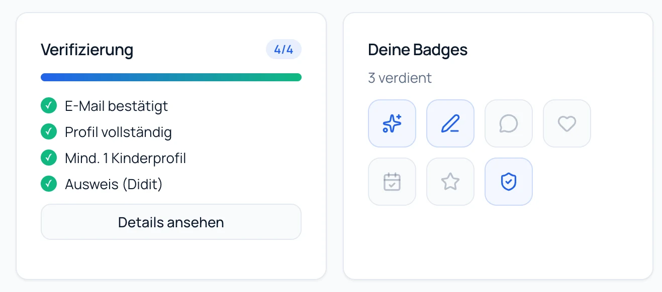 Verifizierungs-Status im Elternprofil: E-Mail bestätigt, Profil vollständig, Kinderprofil angelegt und Ausweis-Verifikation per Didit abgeschlossen.